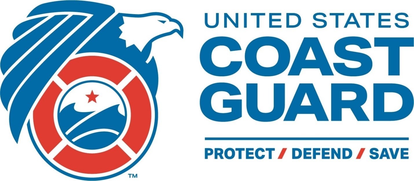 Blue, red, and white Coast Guard logo featuring an eagle, lifebuoy, waves, and stars.