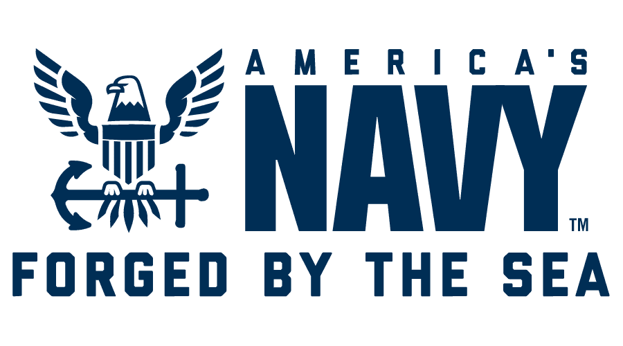 The Navy logo features an eagle, shield, and anchor. The words "America's Navy" and "Forged by the Sea" are in blue.