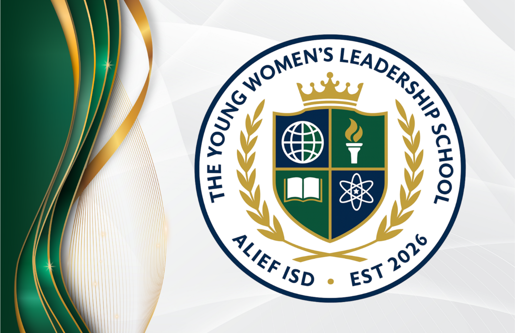 Emblem of The Young Women's Leadership School with golden swirls, green and gold border, and a wreath.