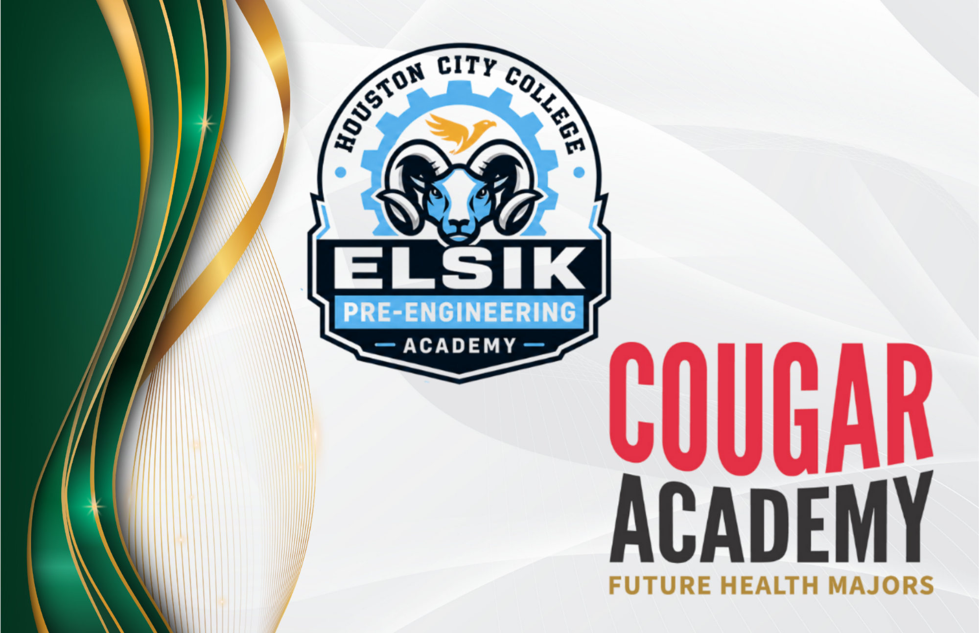 A white background with a logo for Cougar Academy, Houston City College, featuring a blue ram, text, and gold and green stripes.