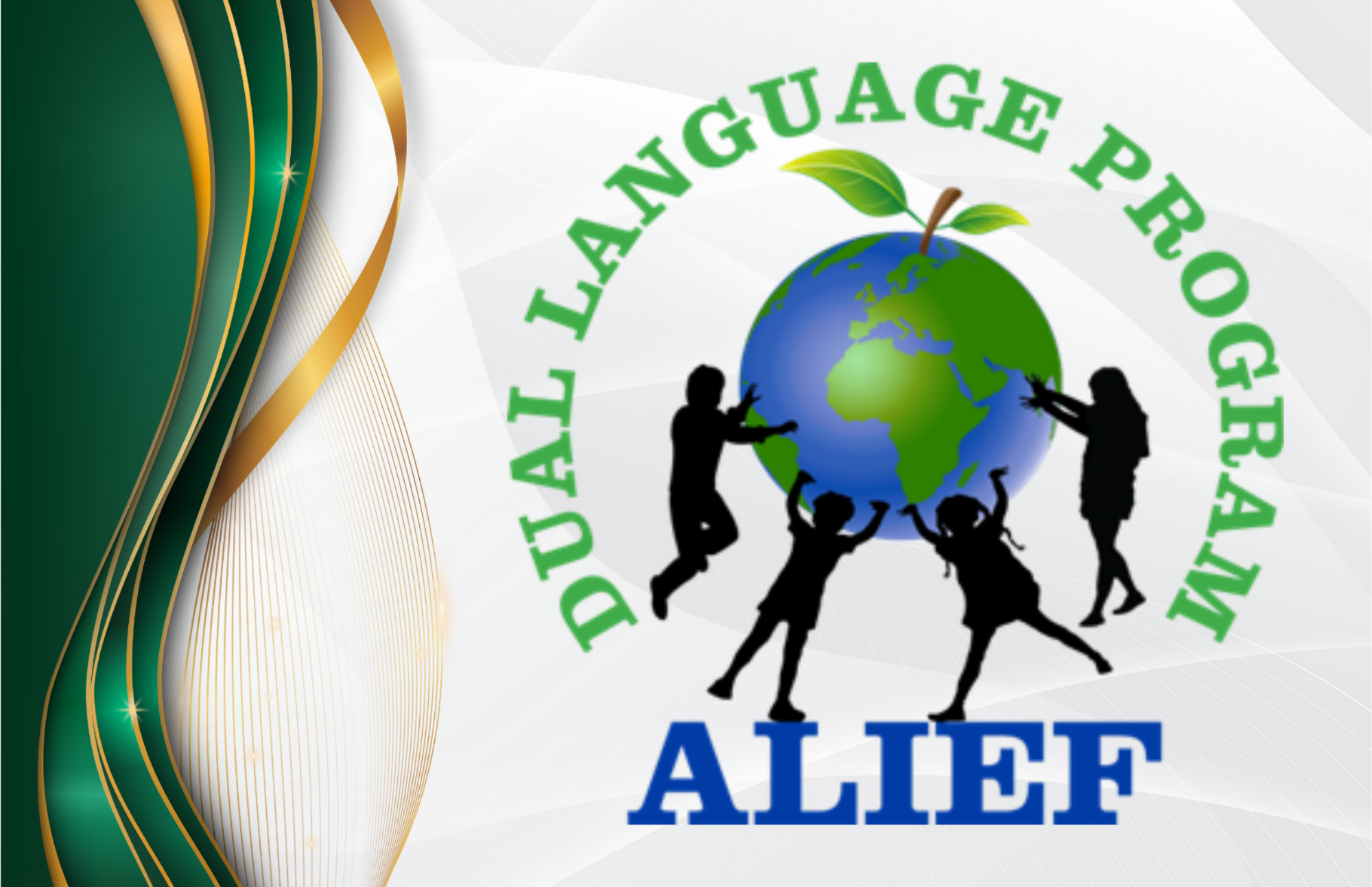 Logo with a globe and silhouettes of children holding it up, text reads "DUAL LANGUAGE PROGRAM" and "ALIEF".