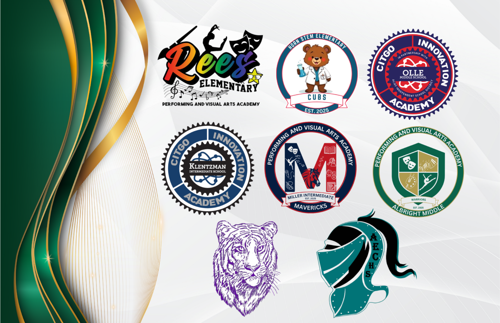 Various school logos displayed against a white background with a green and gold striped border. Logos include a bear, a tiger, a mascot, and a school emblem.