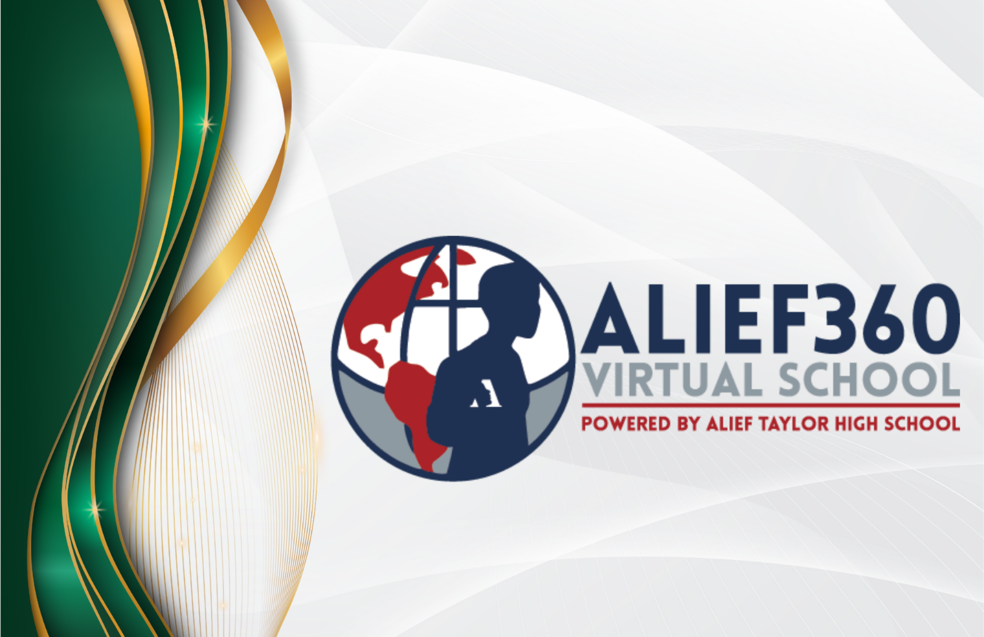 Logo features a green and gold striped border. Inside, a person silhouettes a globe with a window. Text reads "ALIEF360 VIRTUAL SCHOOL" and "POWERED BY ALEIF TAYLOR HIGH SCHOOL".