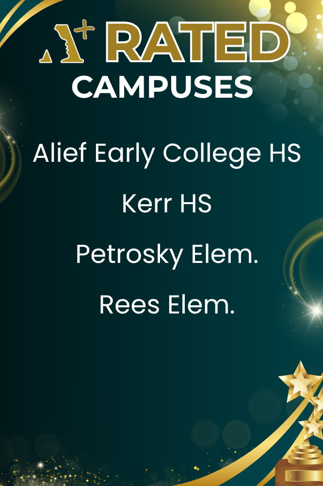 A green background displays text for top-rated campuses, including Alief Early College HS, Kerr HS, Petrosky Elem., and Rees Elem.