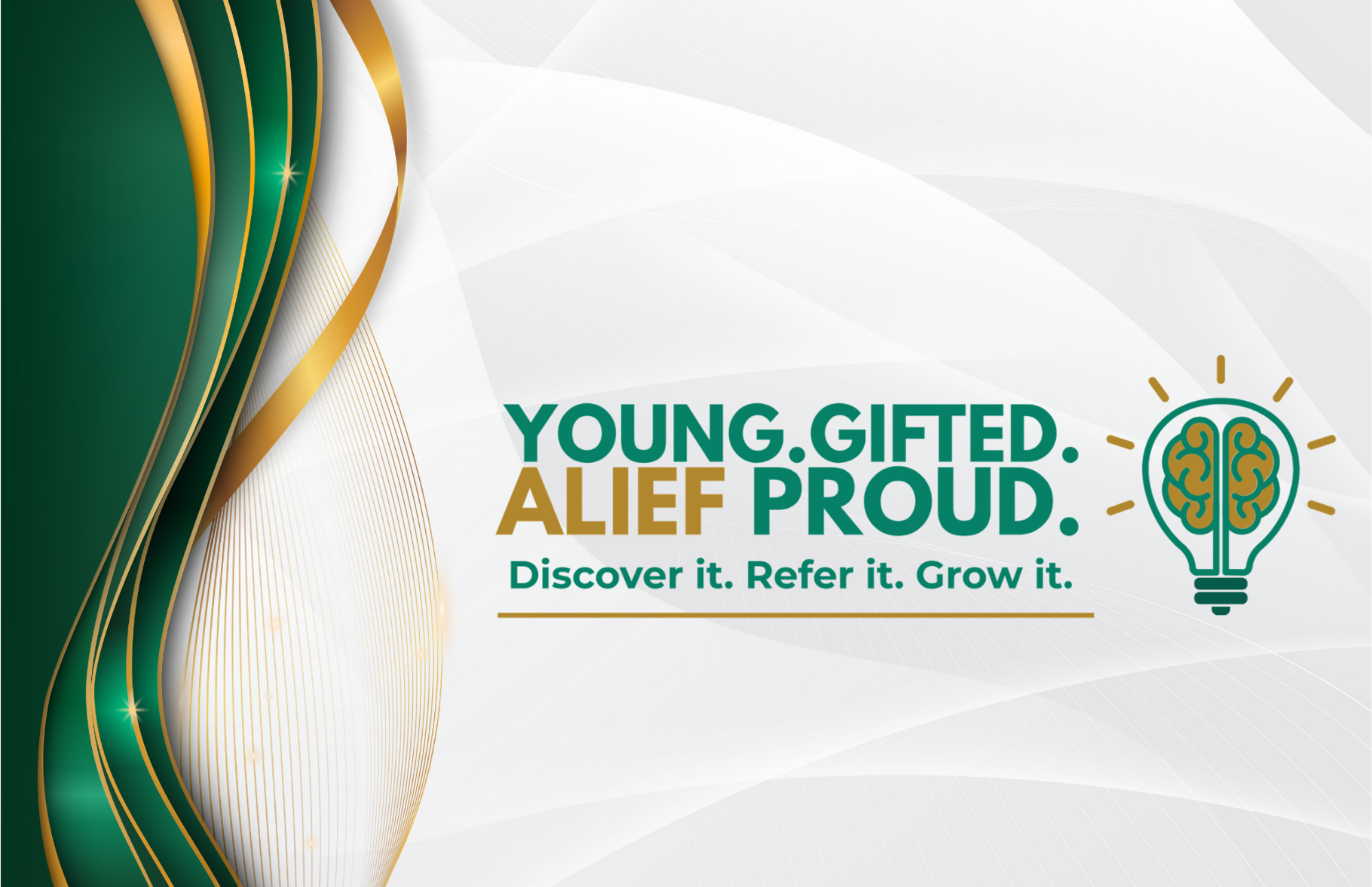 An advertisement with green and white waves. A light bulb icon is on the right, with text reading "YOUNG. GIFTED. ALEIF PROUD."