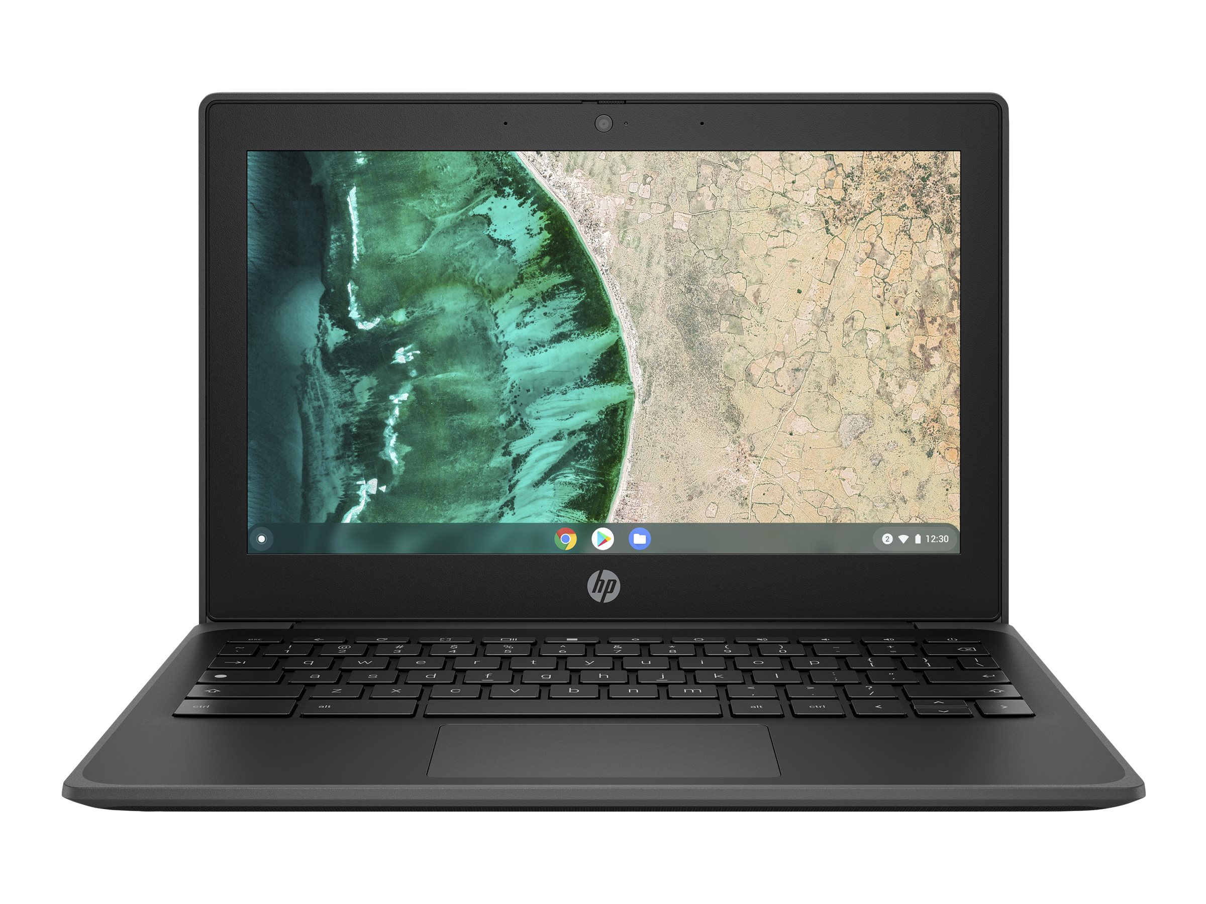 A black HP brand Chromebook laptop