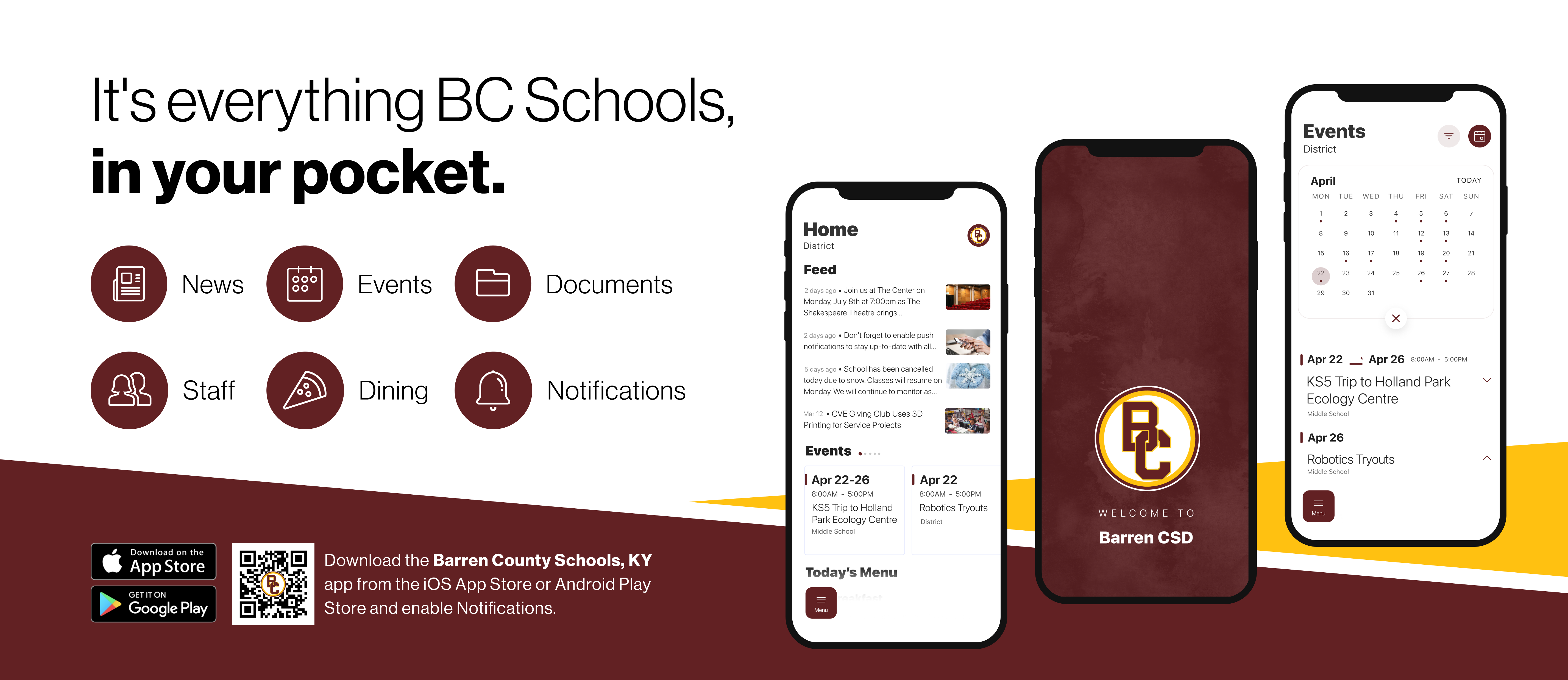 a graphic for the new Barren County Schools mobile app. It's everything BC Schools, in your pocket! There is a QR code for download in the lower left