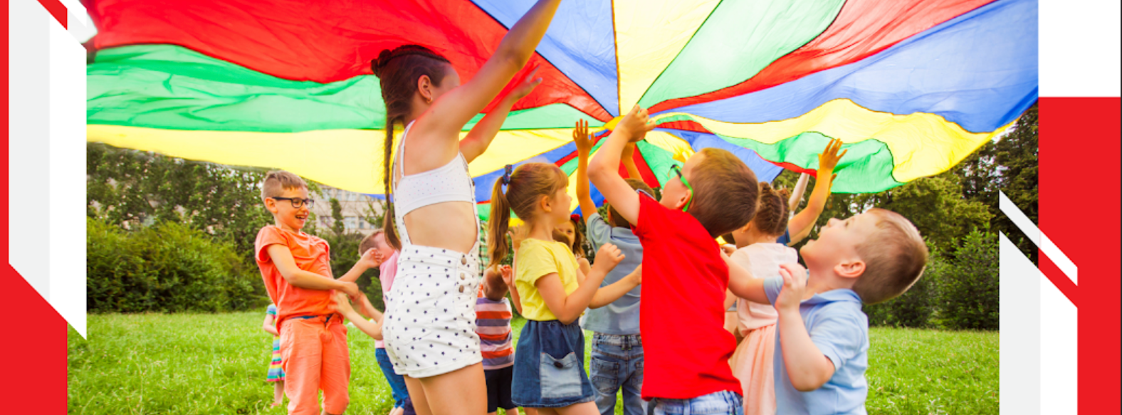 collaboration through community education, children playing under a rainbow tent