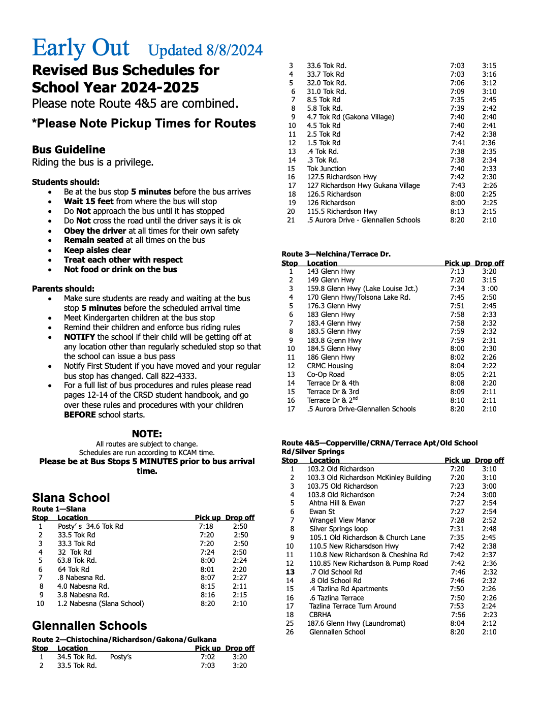 Updated Bus Schedule for Early Out