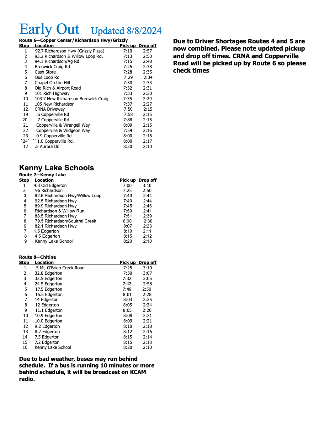 Updated Bus Schedule for Early Out