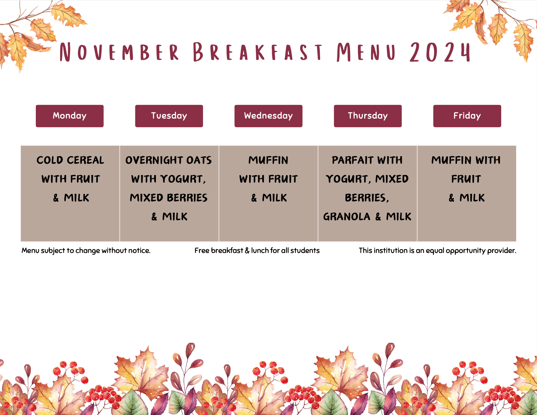 November Breakfast Menu