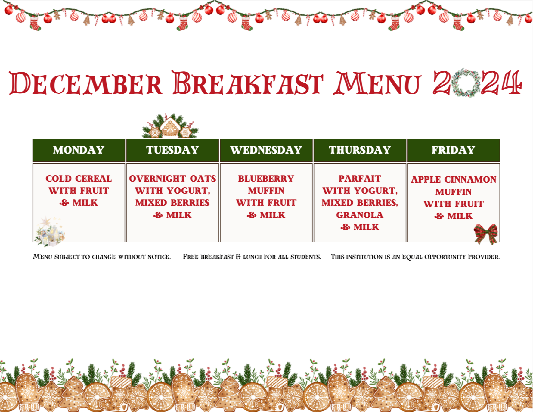 December Breakfast Menu