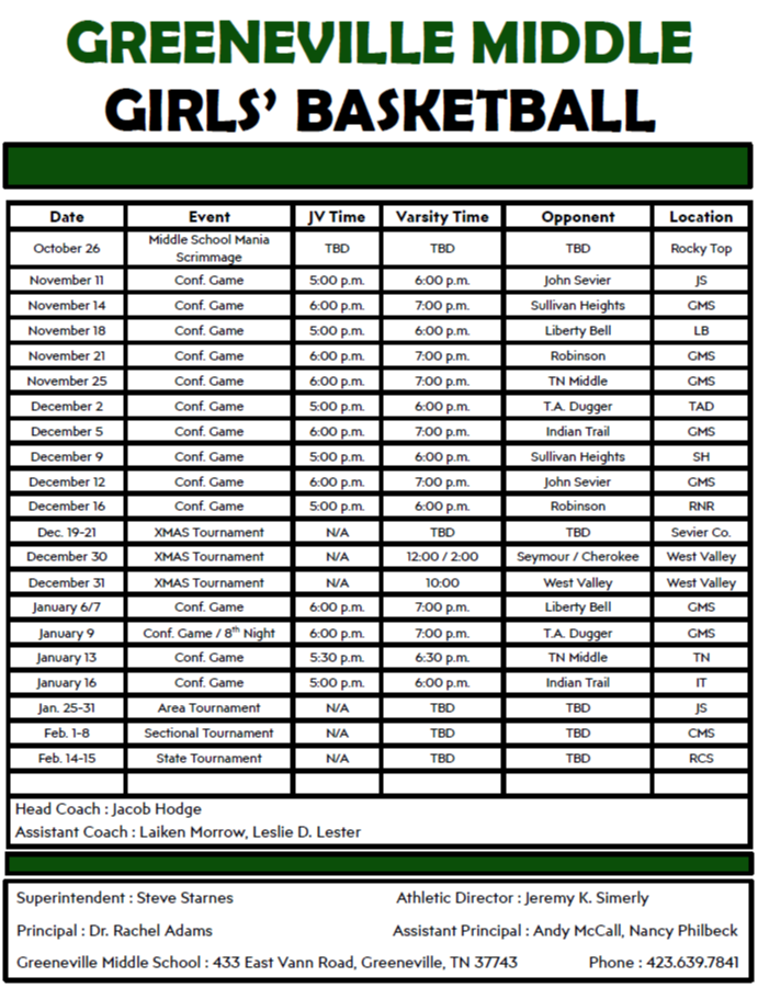 Girls' Basketball Schedule