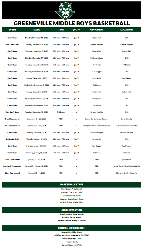 Boys' Basketball Schedule