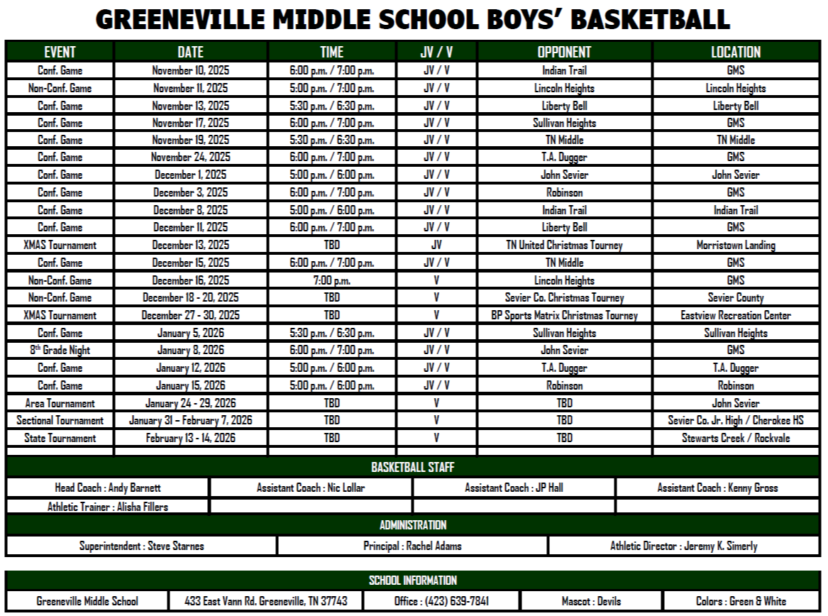 Boys' Basketball Schedule