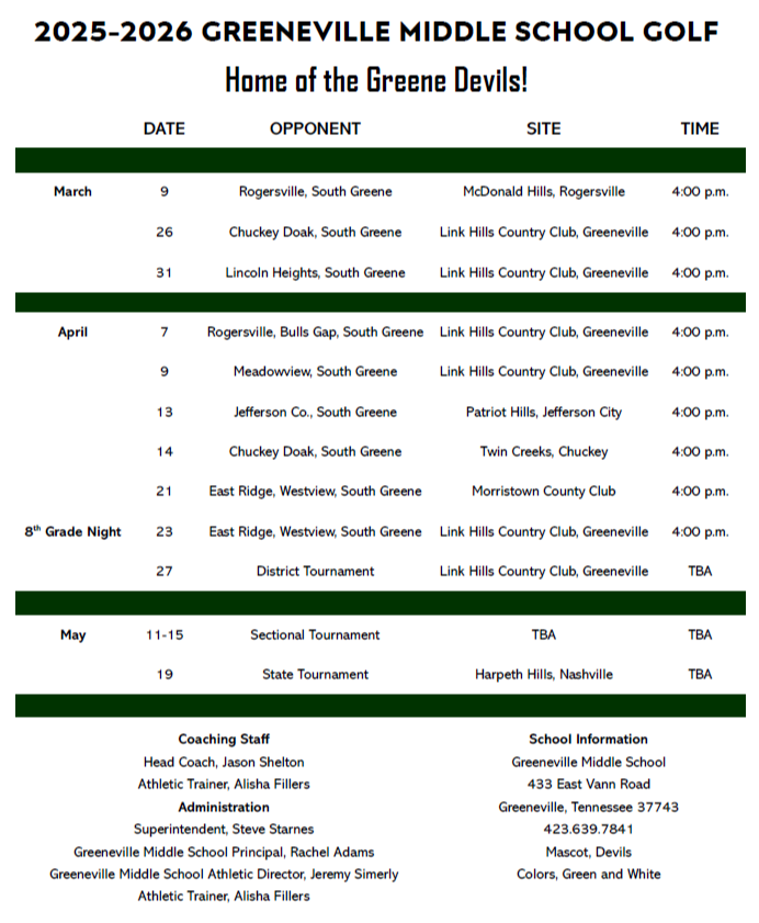 Golf Schedule