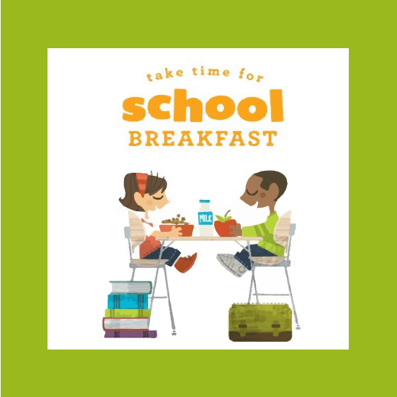 Take time for school breakfast. A drawing of 2 kids eating.