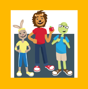 A drawing of a rabbit, a lion and a turtle looking like students.