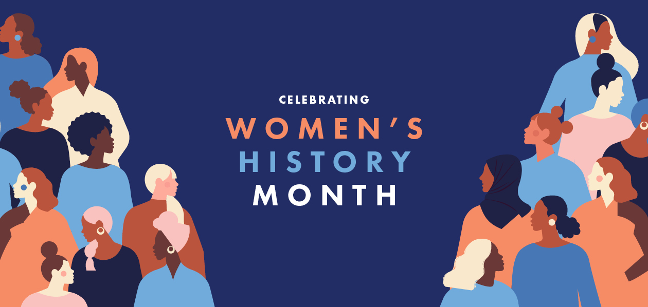 A diverse group of women in various colors, standing together on a blue background. Text reads "Celebrating Womenβs History Month".