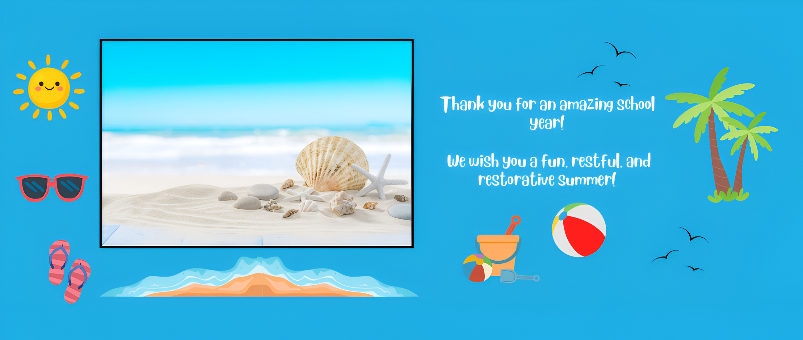 Digital card with a sandy beach scene. A shell rests on the sand. A palm tree, sunglasses, and a beach ball are in the foreground.