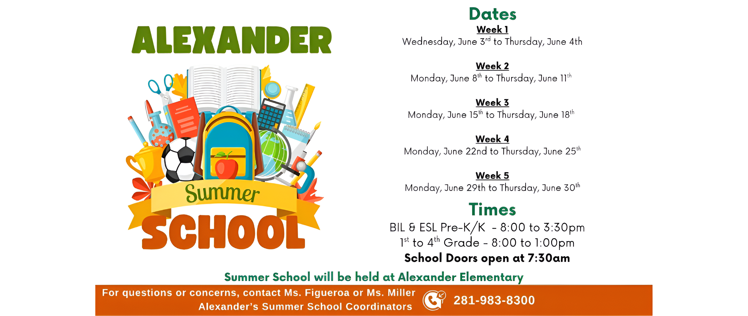 A flyer includes the title "Alexander Summer School" with a colorful graphic of school supplies, sports equipment, and a soccer ball.