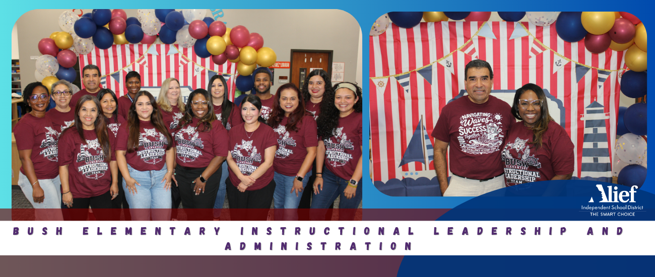 Group photo of individuals in maroon shirts standing together with balloons and striped bunting in the background.