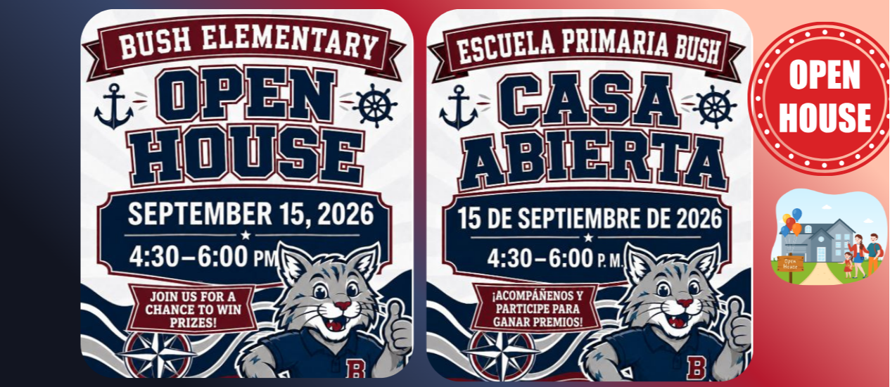 Two cards with anchor images; one reads "Open House" and the other reads "Casa Abierta". Date and time are in both English and Spanish.