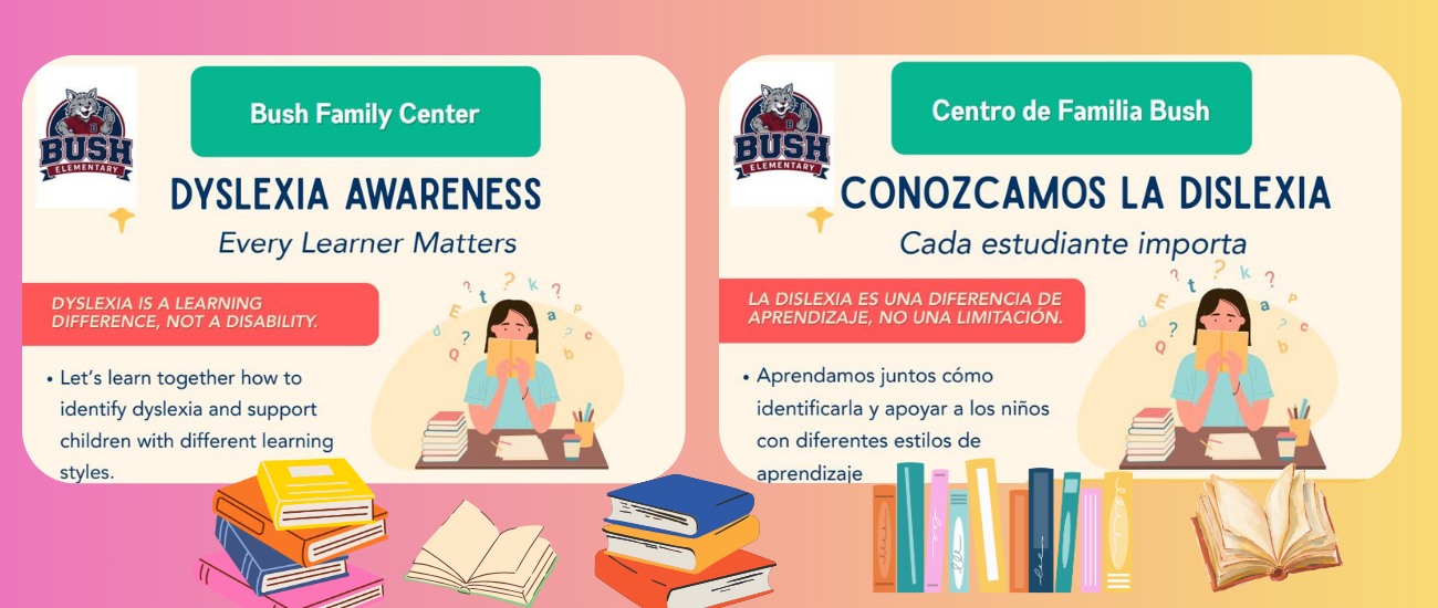 Two cards display dyslexia awareness information. One card is in English, the other in Spanish. Each card has a person reading and a pile of books.