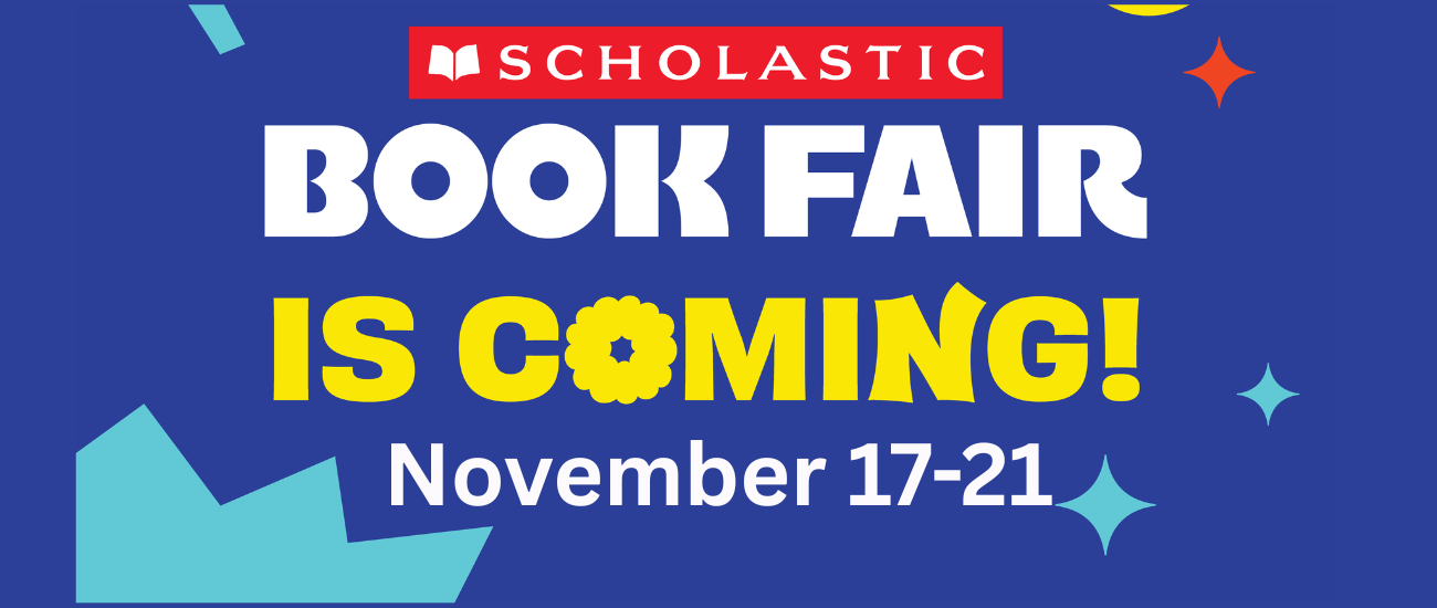 Blue banner with white and yellow words