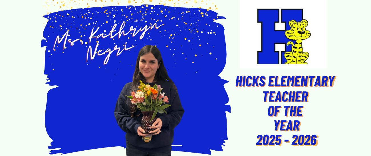 Blue background - photo of teacher holding bouquet of flowers