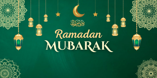 Ramadan Mubarak written in white on a green background. Decorated with crescent moons, stars, and lanterns.