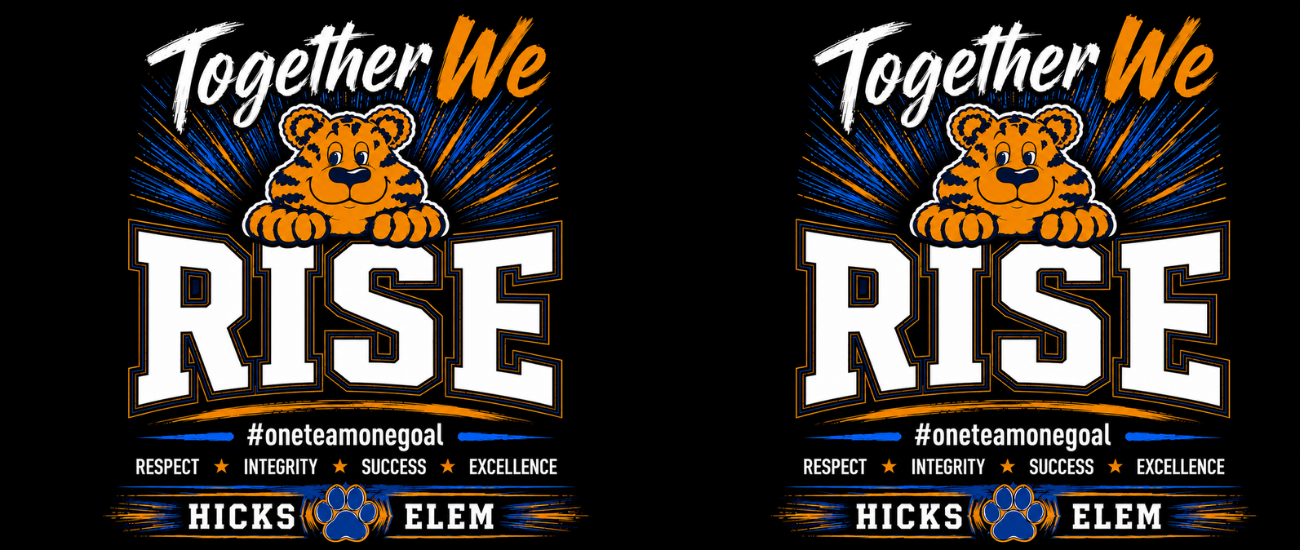 Two identical logos on a black background. A tiger is depicted above the text "Together We RISE". Below the tiger are logos for Hicks and Elem.