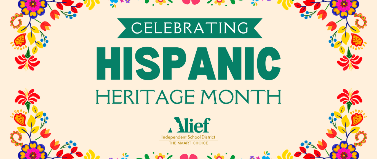 A banner celebrating Hispanic Heritage Month with green text against a beige background. It features floral patterns in red, yellow, and blue.