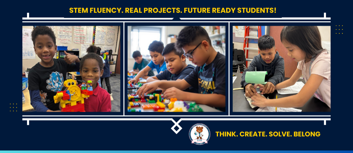 Three photos of children working on projects. One child holds a yellow robot, another builds with Legos, and a third child holds a tablet.