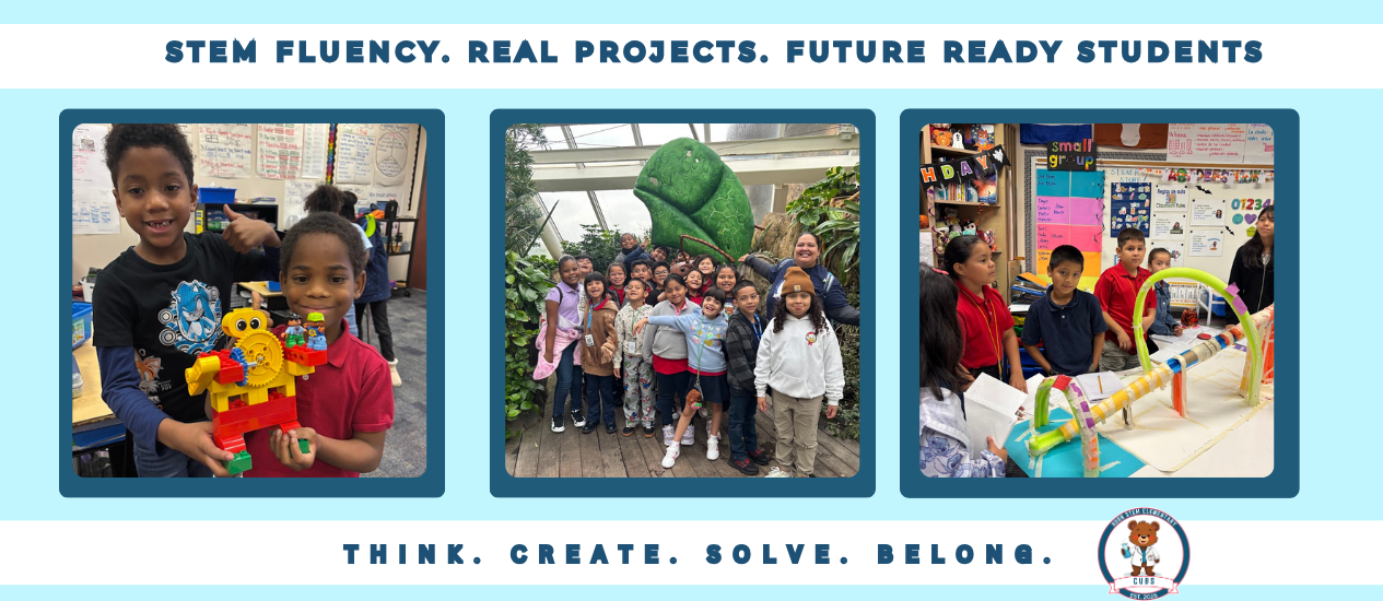 Three photos of children engaged in activities. One holding a toy, another with a large green plant, and the last in a classroom.