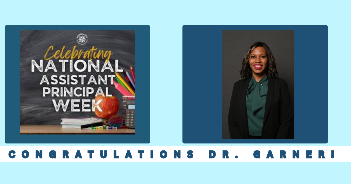 Blue background with two sections. Left: "Celebrating National Assistant Principal Week" text. Right: Photo of woman in green top and black blazer.