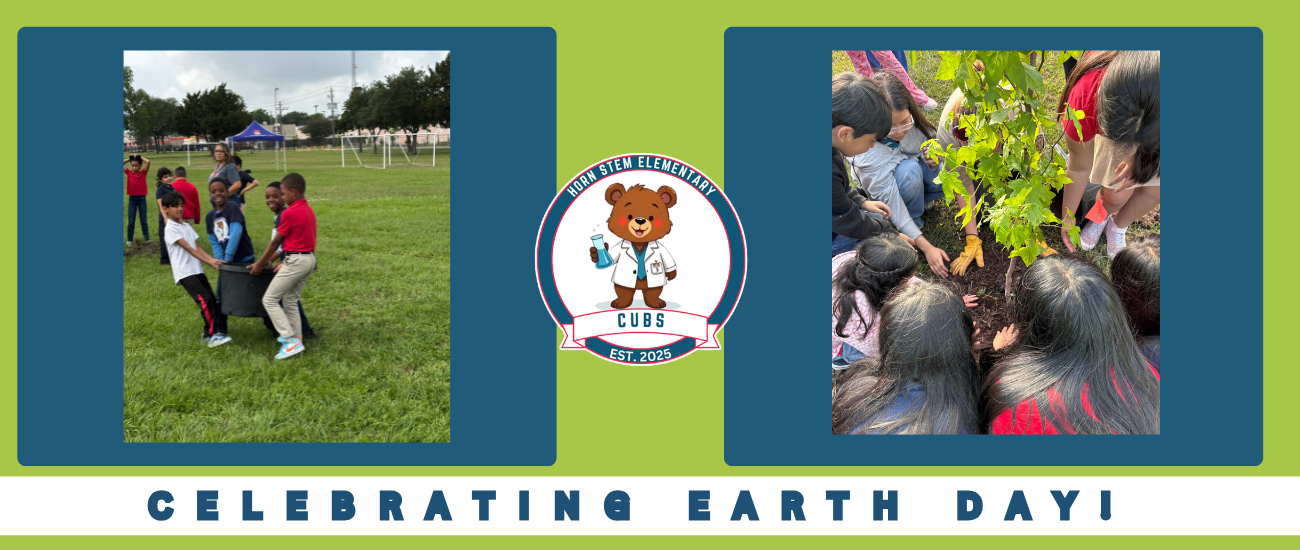Two photos on a green background. Left: children playing on grass. Right: children surrounding a plant. White text at the bottom reads "CELEBRATING EARTH DAY".