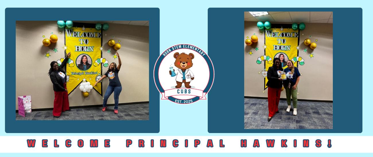 Two collages show people holding balloons in a room with a banner. A logo is in the middle. Text reads "Welcome Principal Hawkins."