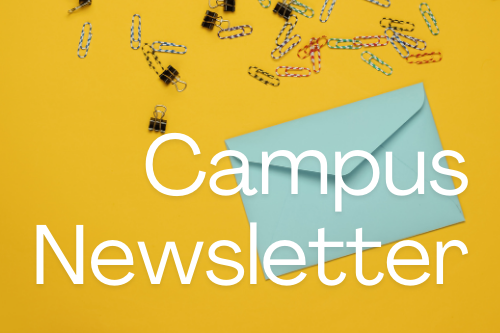 A yellow background displays colorful paper clips scattered. An open envelope with "Campus Newsletter" in white text sits in the center.