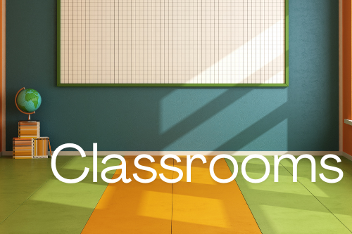 An empty classroom with a white board and three clocks. Green and yellow floor, blue and orange walls.