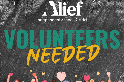 A poster with the words "Volunteers Needed" features a diverse group of people holding hearts.