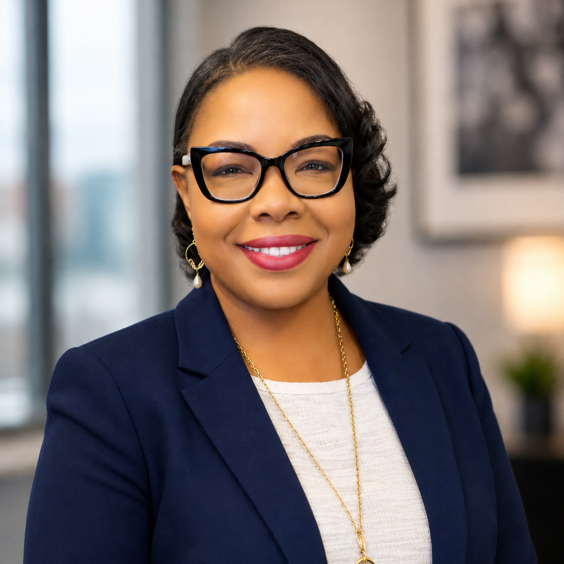 Woman with short hair and glasses smiles in an office. She wears a navy blazer and white shirt.