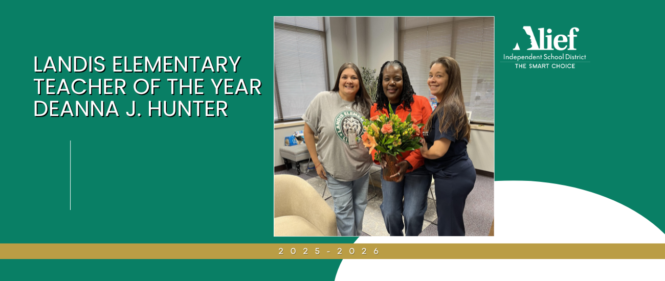 Three women stand together with a bouquet. Text reads "Landis Elementary Teacher of the Year DeAnna J. Hunter."