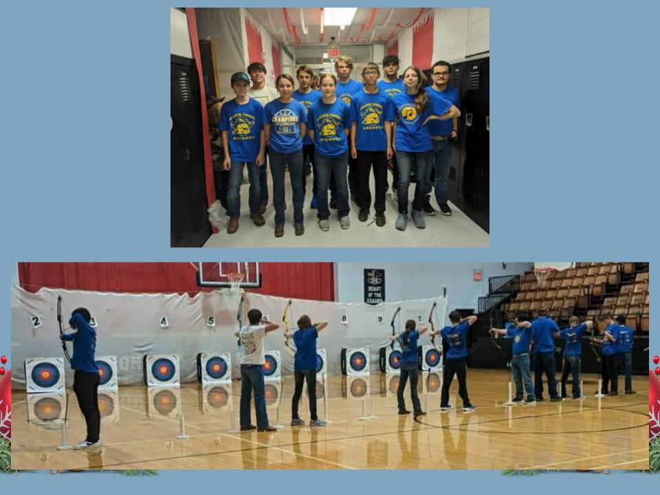 Photos of archery team after tourney and during