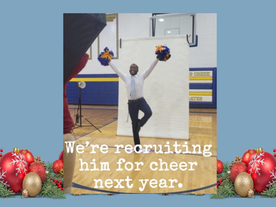 Silly photo of Mr. Knox posing as a cheerleader