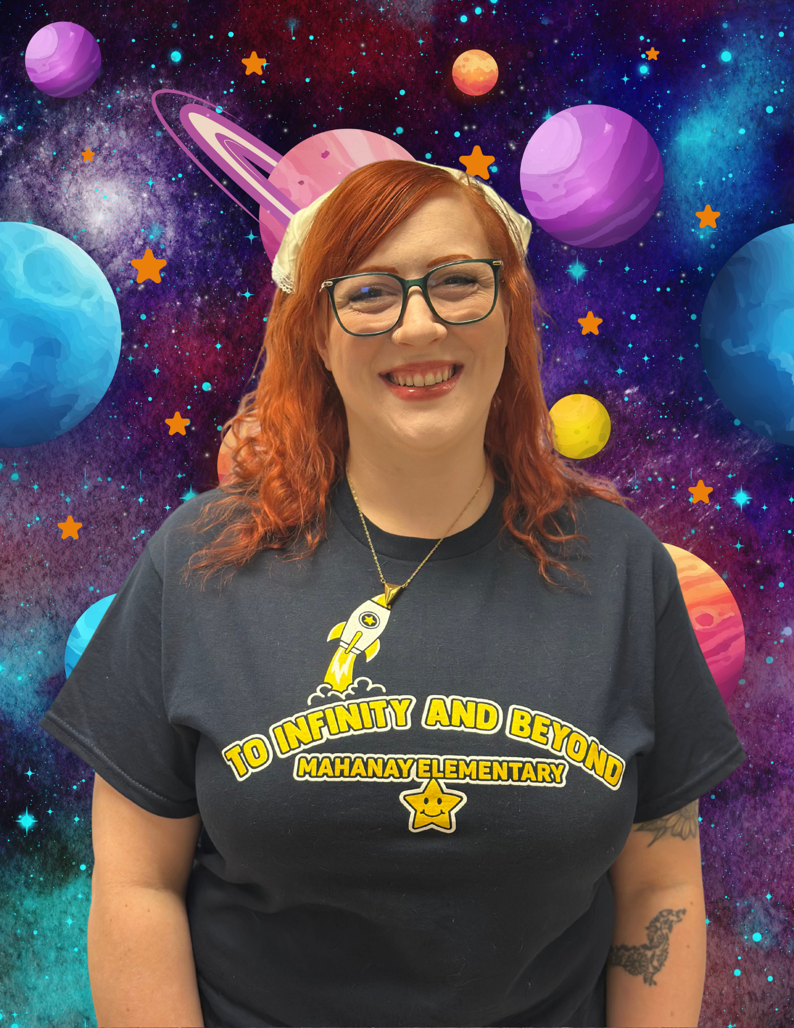 A woman with red hair stands in front of a colorful space background. She wears glasses, a white headband, and a black shirt.