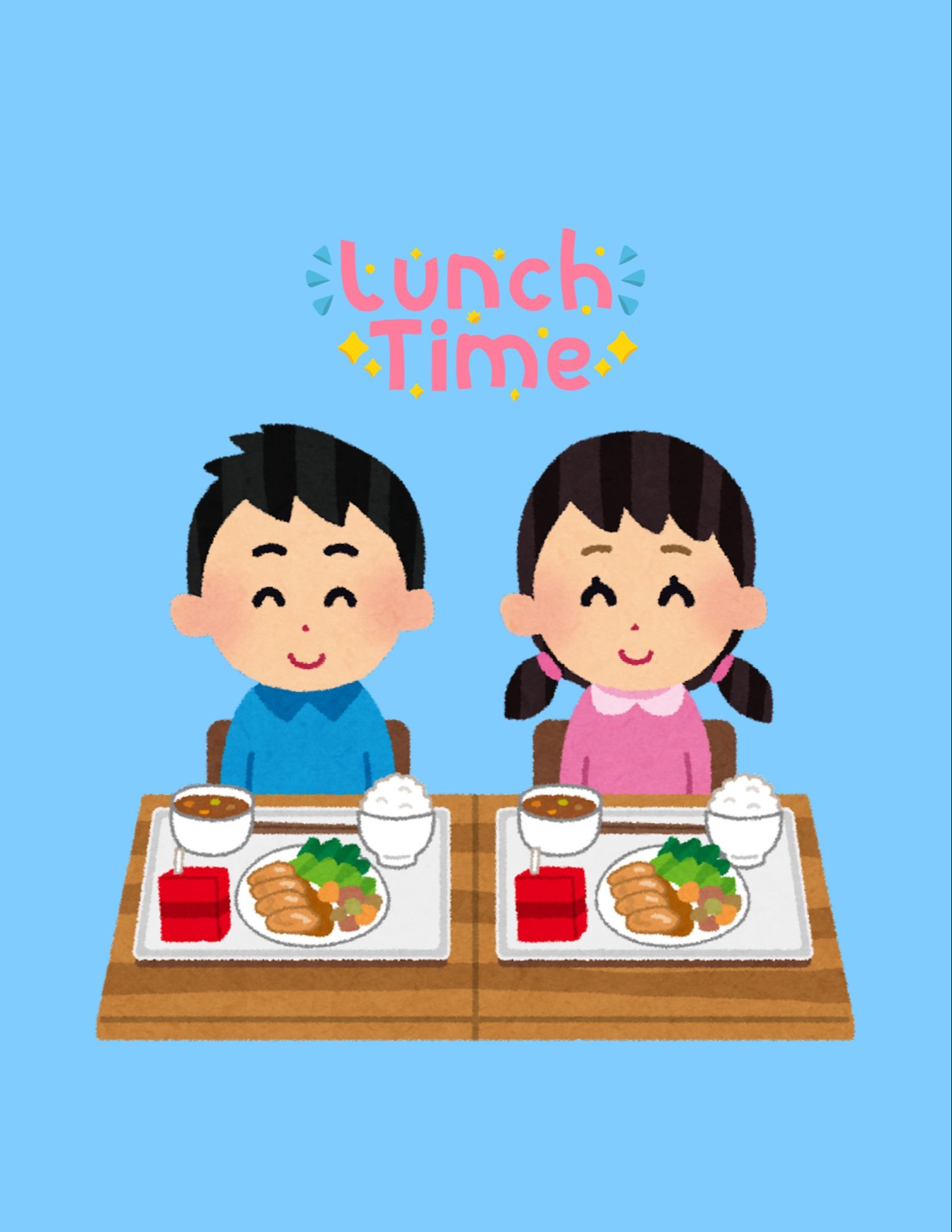 Cartoon image of two children sitting at a table, each with a tray of food. A blue background with "Lunch Time" written in pink.