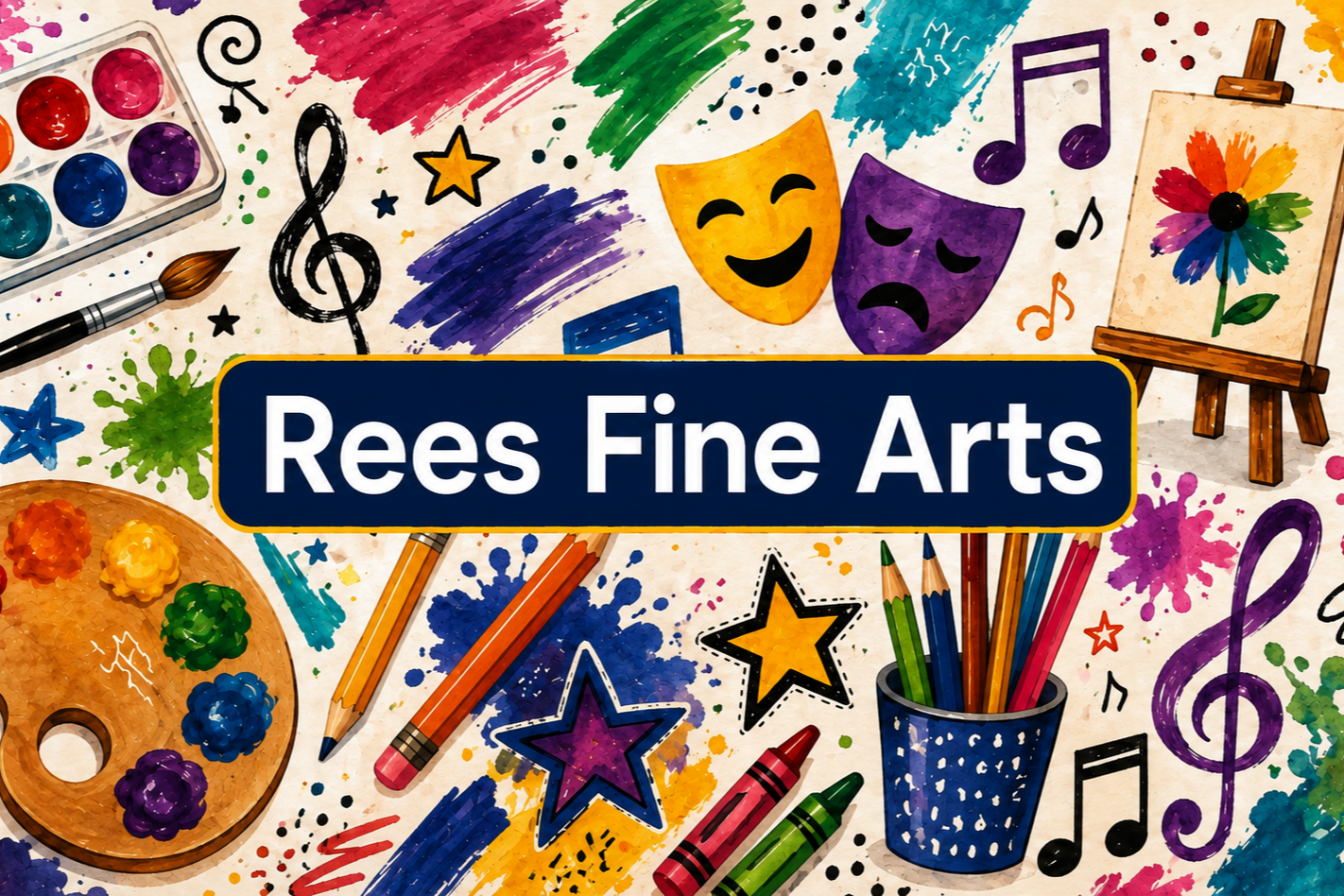 A colorful collage of art tools and symbols including paintbrushes, palette, and musical notes. "Rees Fine Arts" is written in bold letters.