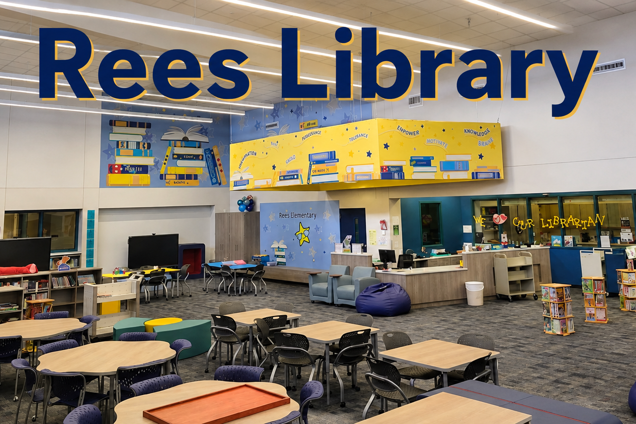 Library interior featuring tables, chairs, and shelves. Bright, airy space with overhead lighting. "Rees Library" text at top.