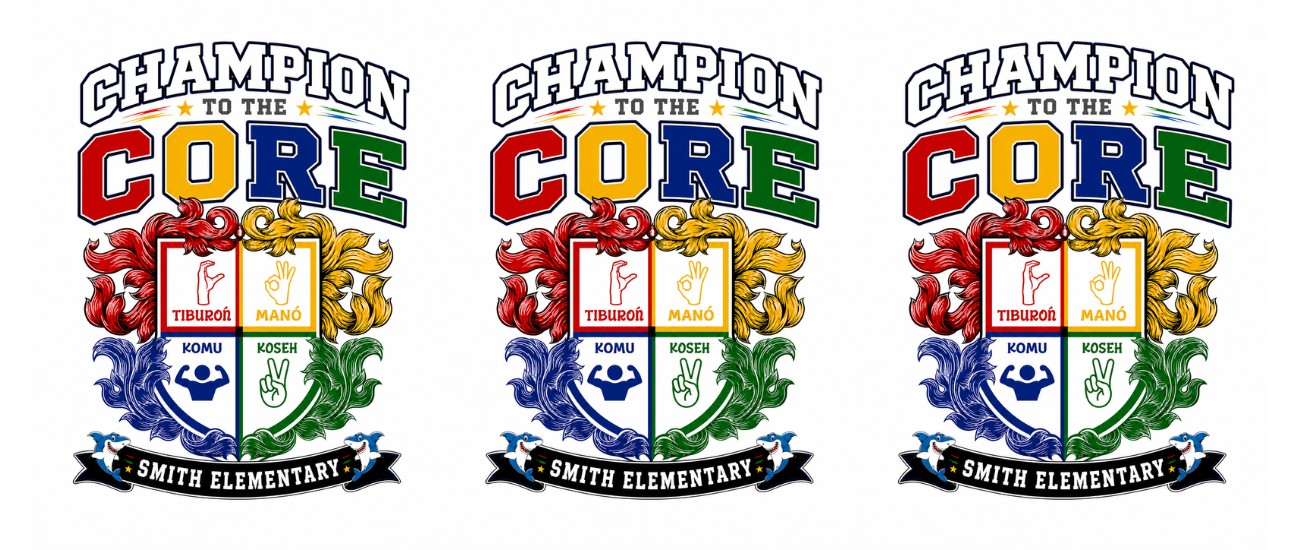 Three identical logos feature "CHAMPION TO THE CORE" with a crest below, set against a white background.